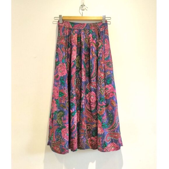 Vintage Bohemian Pleated Folk Midi Skirt Floral Paisely Cottagecore with Pockets - Picture 3 of 16